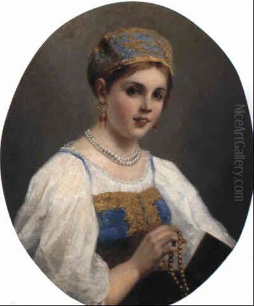 A Russian Beauty In A Sarafan Oil Painting by Konstantin Egorovich Makovsky