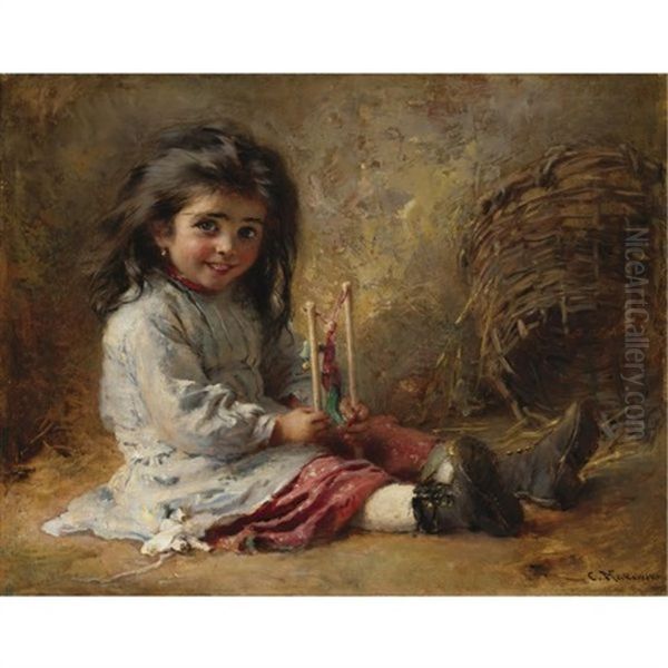 Girl With Toy Oil Painting by Konstantin Egorovich Makovsky