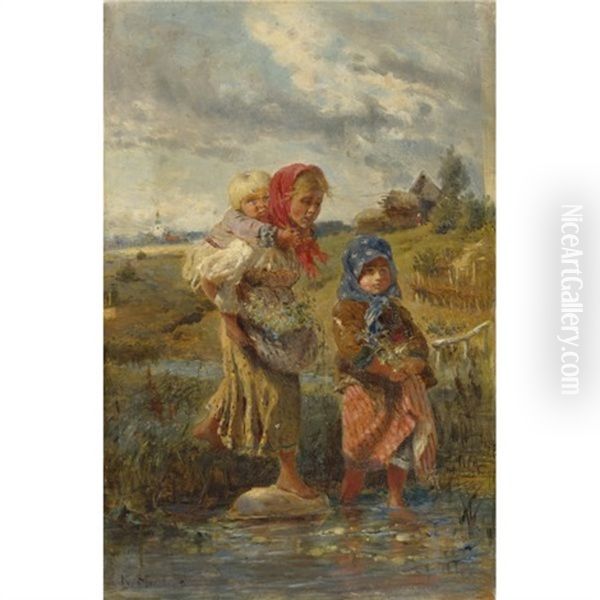 Children Crossing A Brook Oil Painting by Konstantin Egorovich Makovsky