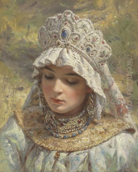 Russian Beauty Wearing A Kokoshnik Oil Painting by Konstantin Egorovich Makovsky