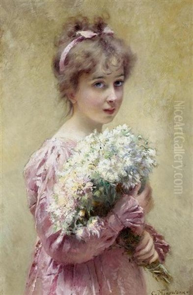 Madchen Mit Rosa Kleid Und Blumenstrauss Oil Painting by Konstantin Egorovich Makovsky