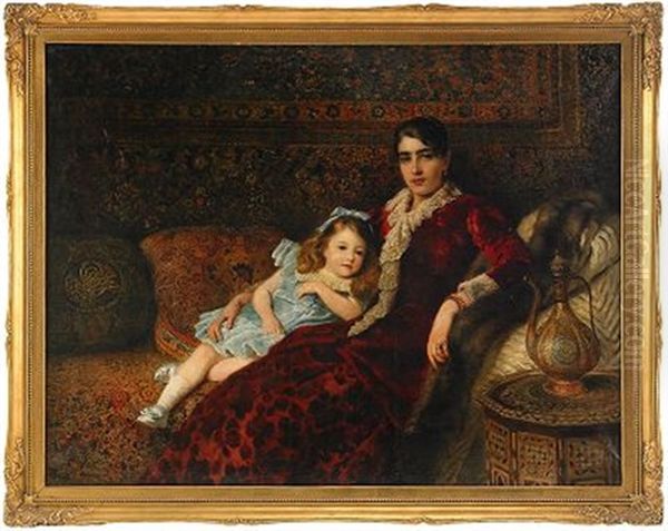 Interior With Mother And Daughter Oil Painting by Konstantin Egorovich Makovsky