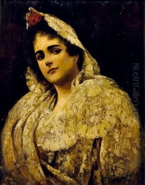 Portrait De Jeune Femme A La Mantille En Dentelle Oil Painting by Konstantin Egorovich Makovsky