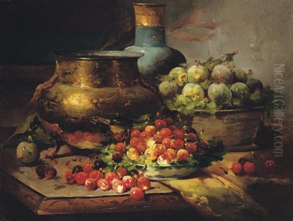 Still Life With Cherries And Plums Oil Painting by Konstantin Egorovich Makovsky