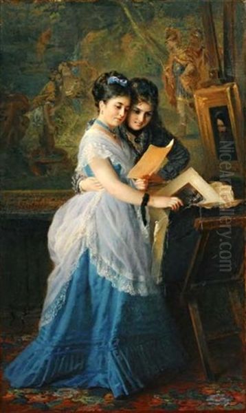 Two Ladies Looking At Prints Oil Painting by Konstantin Egorovich Makovsky