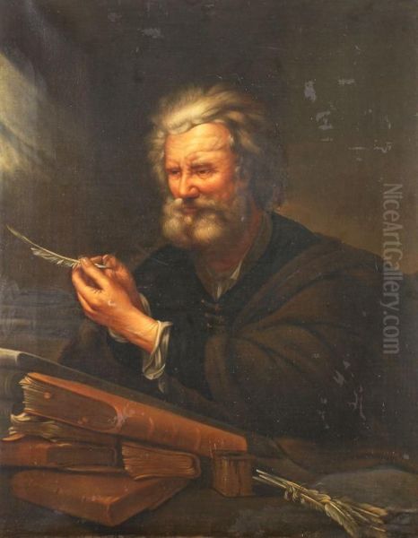 An Elderly Man Making A Quil Oil Painting by Joseph Ii Bergler