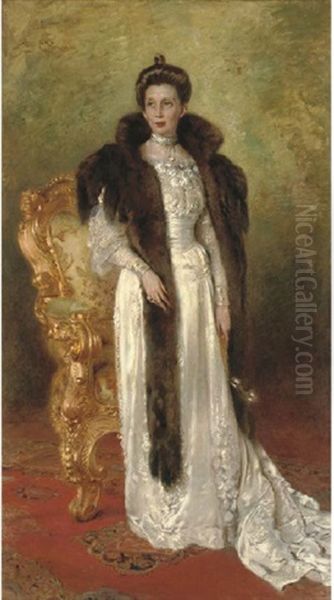 Portrait Of A Lady In A White Dress And Fur Stole Oil Painting by Konstantin Egorovich Makovsky