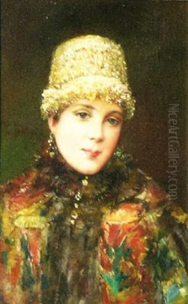 Young Boyarina In A Fur-trimmed Brocade Coat Oil Painting by Konstantin Egorovich Makovsky