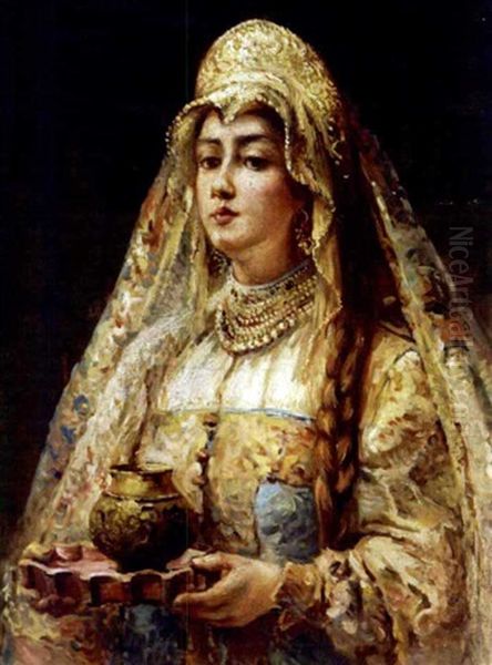 A Russian Bride Oil Painting by Konstantin Egorovich Makovsky