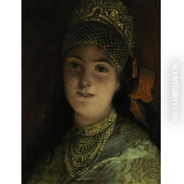 Pretty Boyarina Oil Painting by Konstantin Egorovich Makovsky