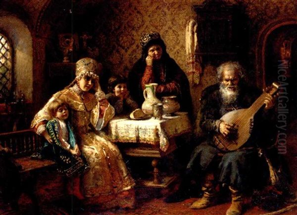 Russian Interior With A Bandura Player Oil Painting by Konstantin Egorovich Makovsky