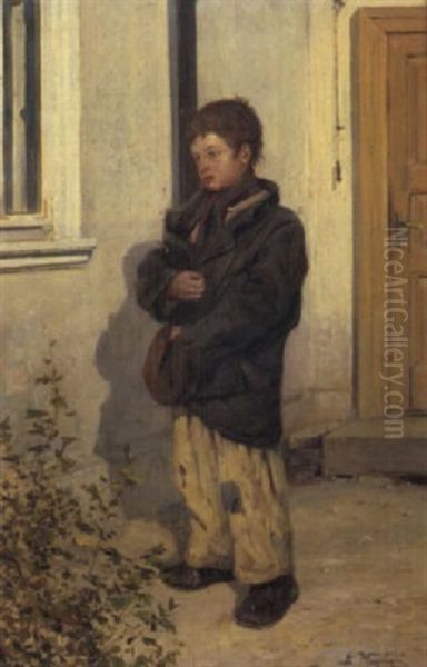 A Young Boy Clutching His Jacket And Hat Oil Painting by Konstantin Egorovich Makovsky