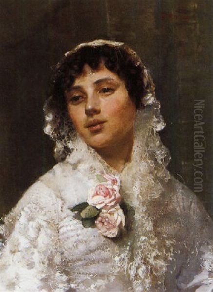 Portrait Of A Woman In Lace Oil Painting by Konstantin Egorovich Makovsky