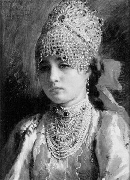 Portrait Of A Young Lady Oil Painting by Konstantin Egorovich Makovsky