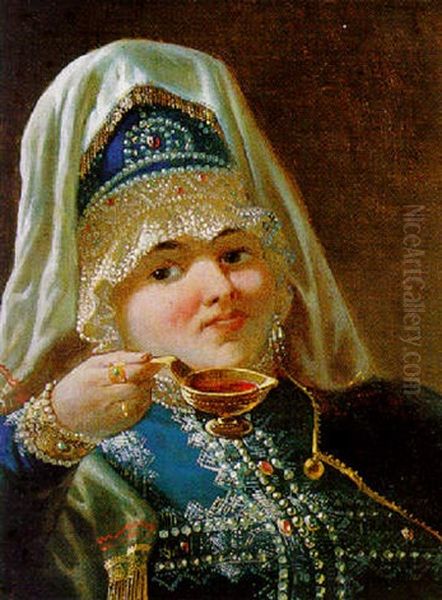 Portrait Einer Jungen Russischen Frau In Tracht Oil Painting by Konstantin Egorovich Makovsky