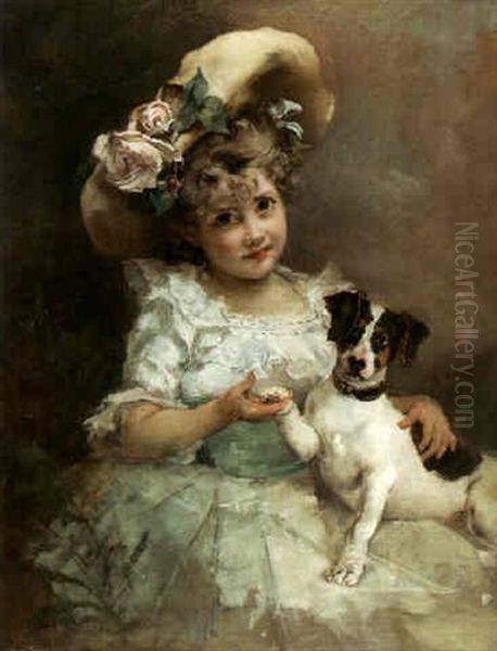 Portrait Of A Young Girl With Her Terrier Oil Painting by Konstantin Egorovich Makovsky