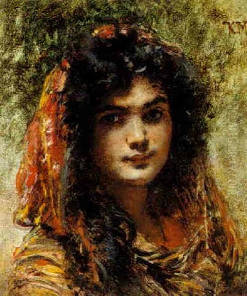 Portrait Of A Dark Haired Girl Oil Painting by Konstantin Egorovich Makovsky