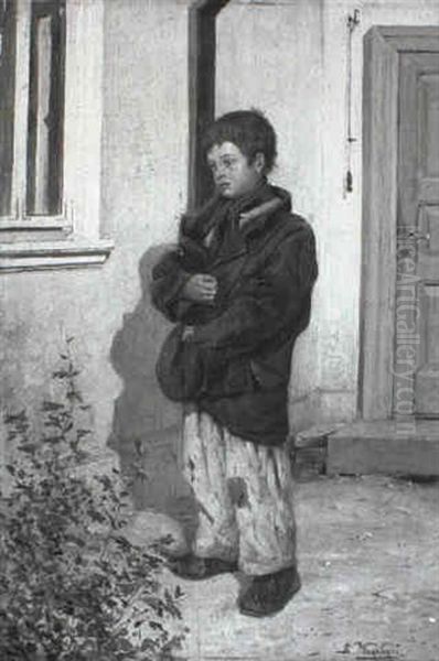 Young Boy Clutching His Jacket And Hat Oil Painting by Konstantin Egorovich Makovsky