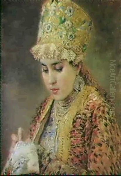 Ung Kvinna I Folkdrakt Oil Painting by Konstantin Egorovich Makovsky