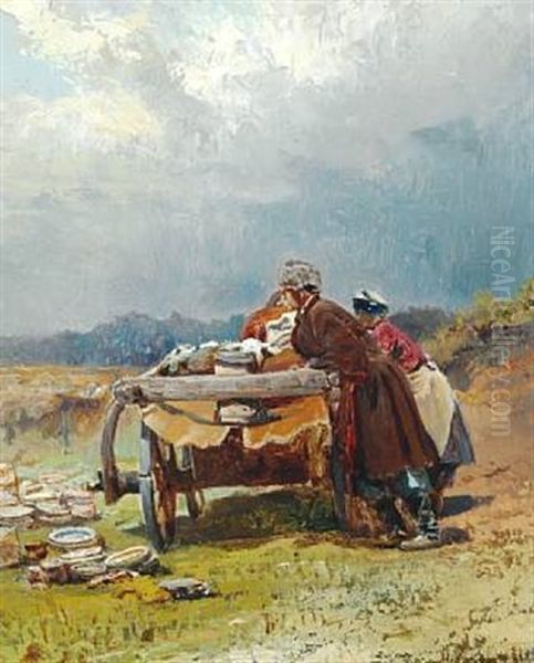 Landscape With Two Peasants Selling Plates And Dishes From A Cart Oil Painting by Nikolai Egorovich Makovsky