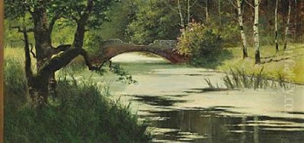 A Bridge Over A Lush Creek In A Park, Summer Oil Painting by Vassily Mikhailovitch Makovsky