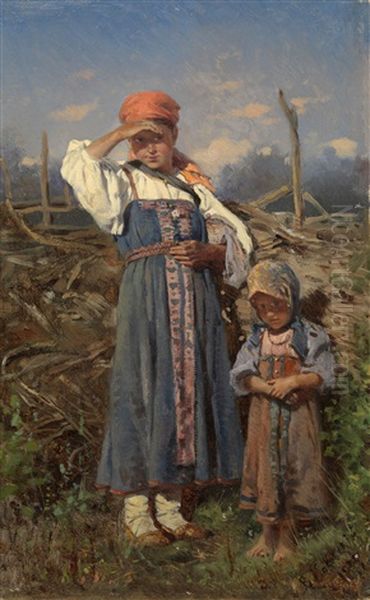 Two Peasant Girls Oil Painting by Vladimir Egorovich Makovsky