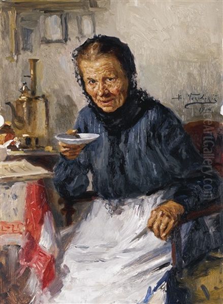 Old Lady Drinking Tea Oil Painting by Vladimir Egorovich Makovsky