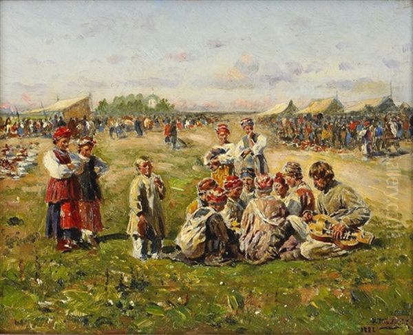 Musicians At The Fair In Little Russia Oil Painting by Vladimir Egorovich Makovsky