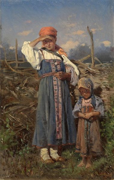 Two Peasant Girls Oil Painting by Vladimir Egorovich Makovsky