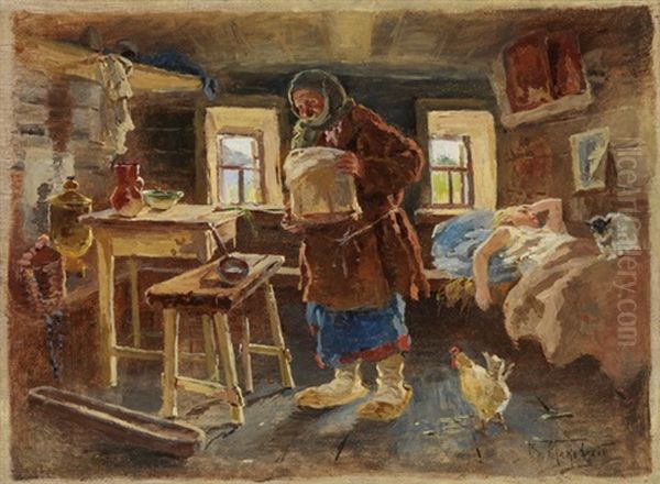 Morgen In Der Dorfhutte Oil Painting by Vladimir Egorovich Makovsky