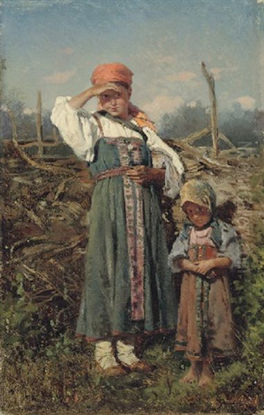 Peasant Girls Oil Painting by Vladimir Egorovich Makovsky