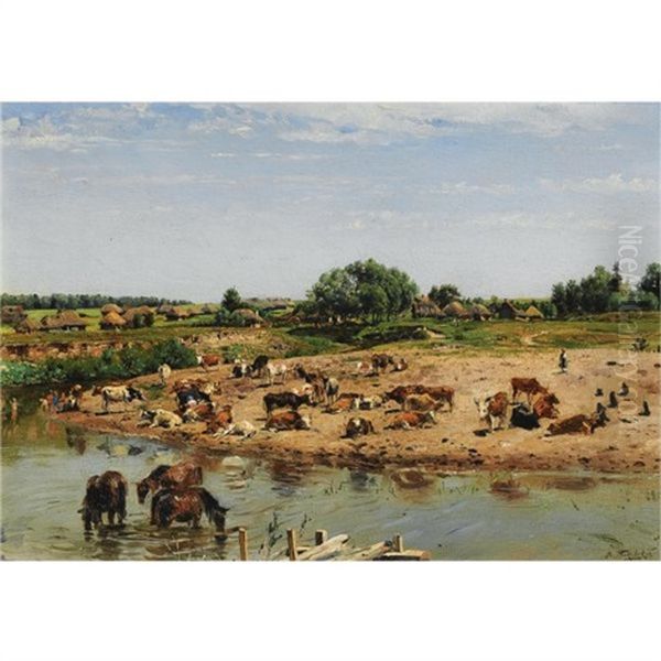 Cattle By The River Oil Painting by Vladimir Egorovich Makovsky