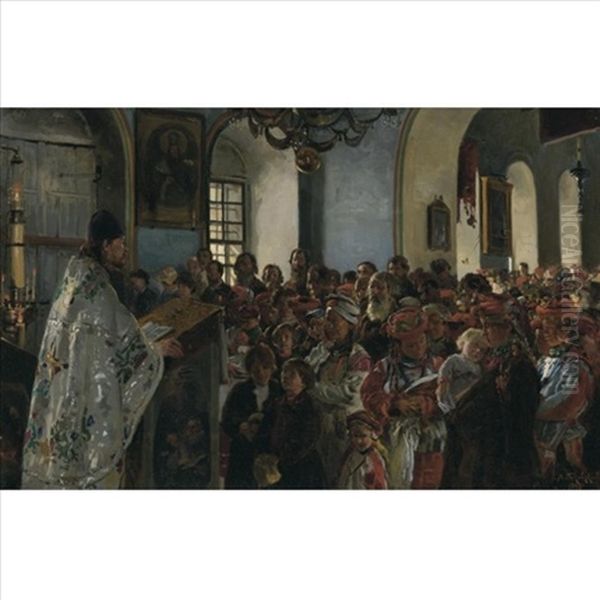 Sermon In An Ukrainian Village Church Oil Painting by Vladimir Egorovich Makovsky