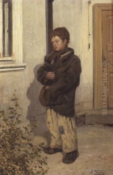 A Young Boy Clutching His Jacket And Hat Oil Painting by Vladimir Egorovich Makovsky