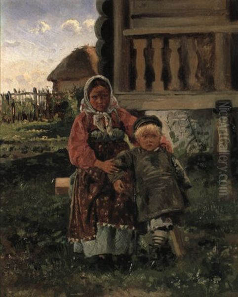 Brother And Sister Oil Painting by Vladimir Egorovich Makovsky