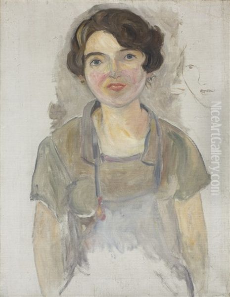 Woman Portrait In Apron Oil Painting by Tadeusz (Tade) Makowski