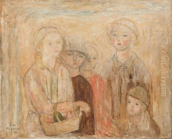 Group Of Children With A Fruit Basket Oil Painting by Tadeusz (Tade) Makowski