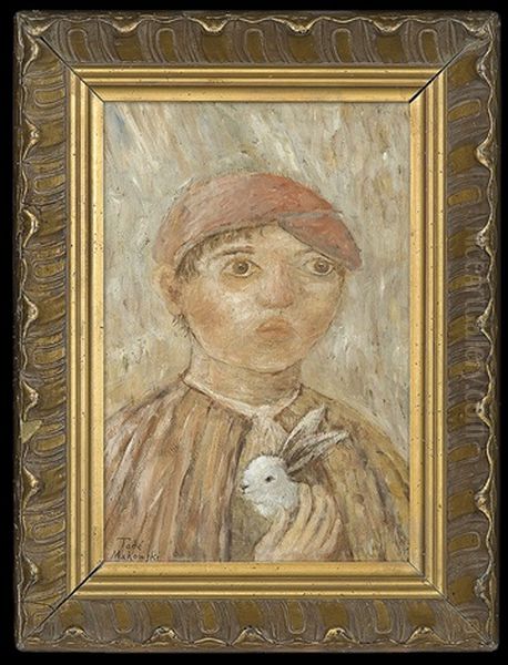 Boy With Bunny Oil Painting by Tadeusz (Tade) Makowski