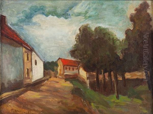 Pejzaz Z Droga I Domami Oil Painting by Tadeusz (Tade) Makowski