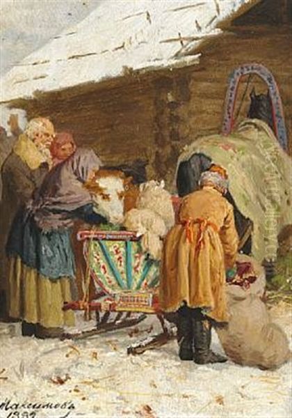 A Russian Peasant Family Packs The Sleigh On A Winter Day Oil Painting by Vasily Maksimov