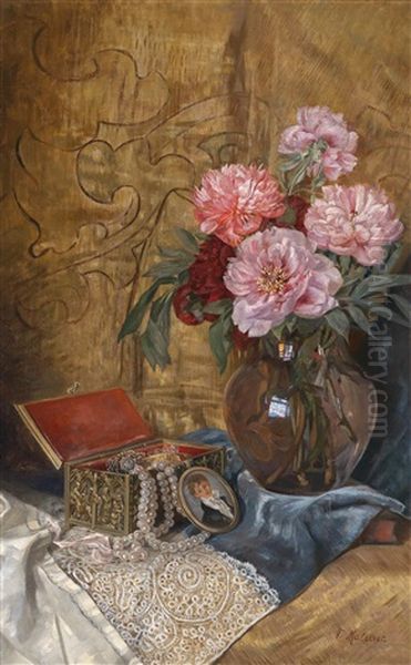 Stillleben Mit Blumenstraus, Schmuckkastchen Und Miniatur Oil Painting by Francesco Malacrea