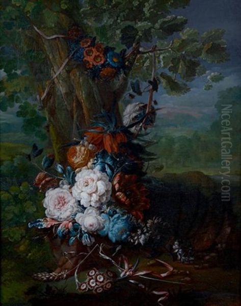 Bouquet De Fleurs Depose Au Pied D'un Arbre Oil Painting by Joseph-Laurent Malaine