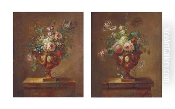 Deux Bouquets De Fleurs Dans Des Vases En Bronze Sur Des Entablements De Pierre (pair) Oil Painting by Joseph-Laurent Malaine