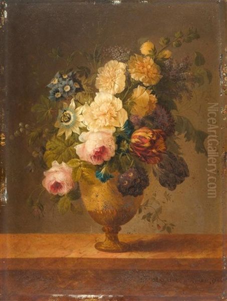 Blumenstrauss Mit Tulpen Und Rosen In Einer Steinvase Oil Painting by Joseph-Laurent Malaine