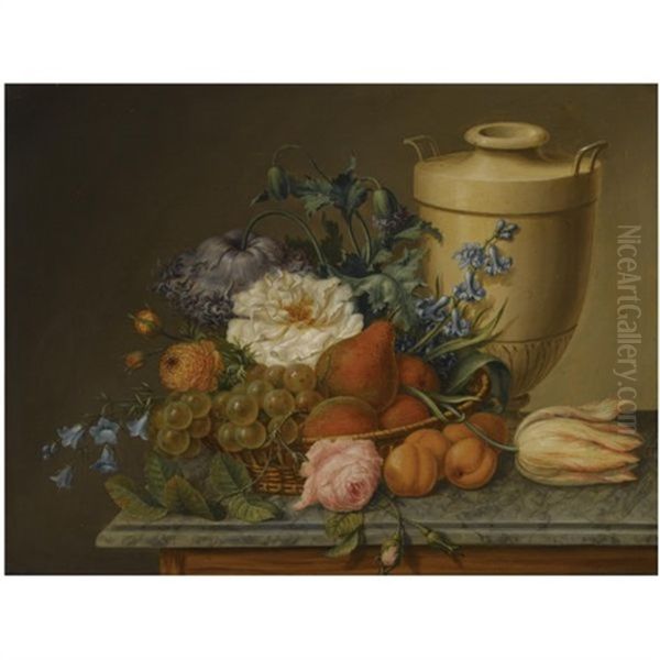 A Still Life With Peonies, Roses, Bluebells, Pears And Grapes In A Basket Together With An Urn, All On A Marble Ledge Oil Painting by Joseph-Laurent Malaine