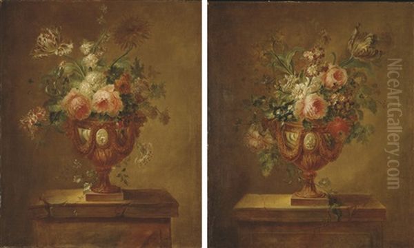 Deux Bouquets De Fleurs Dans Des Vases En Bronze Sur Des Entablements De Pierre Oil Painting by Joseph-Laurent Malaine