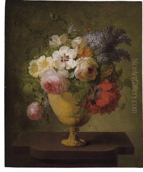 Roses, Lilacs And Other Flowers In A Vase, On A Stone Ledge Oil Painting by Joseph-Laurent Malaine