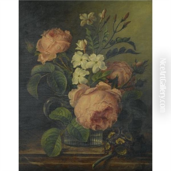 A Still Life With Roses And Narcissi In A Glass Beaker Together With A Sprig Of Primrose On A Marble Ledge Oil Painting by Joseph-Laurent Malaine