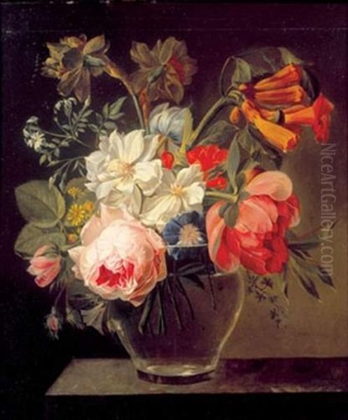 Bouquet De Fleurs Dans Un Vase En Verre Dispose Sur Un Entablement Oil Painting by Joseph-Laurent Malaine