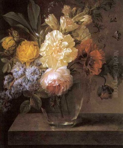 Nature Morte De Fleurs Dans Un Vase En Verre Sur Un Entablement Oil Painting by Joseph-Laurent Malaine